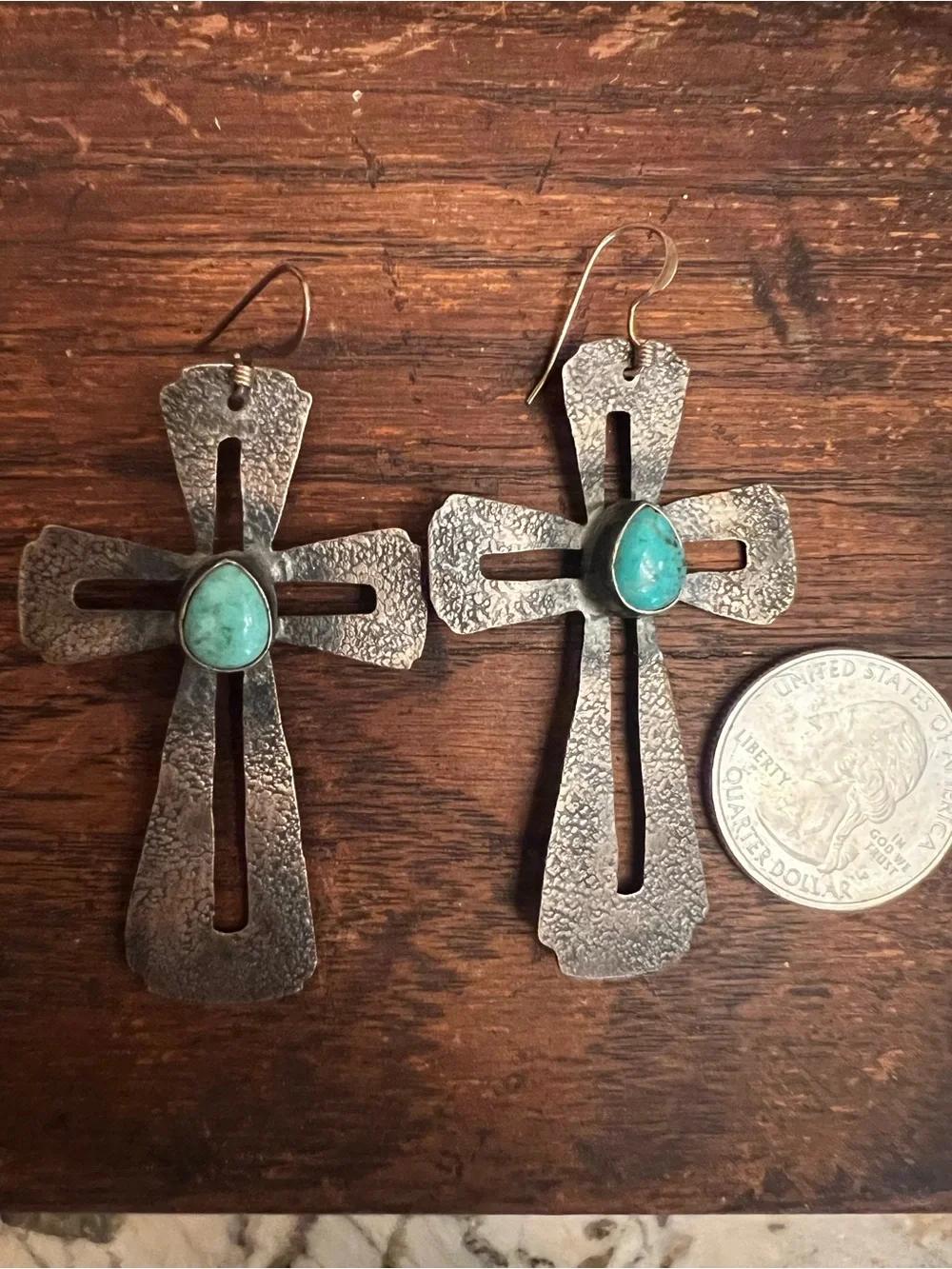 Sterling Silver Genuine Turquoise Cross Dangle Earrings | Hammered Oxidized